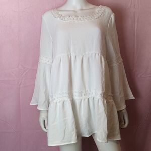 Cotton Bleu White Tiered Square Neck Tie Back Lace Detail Tunic Blouse Large